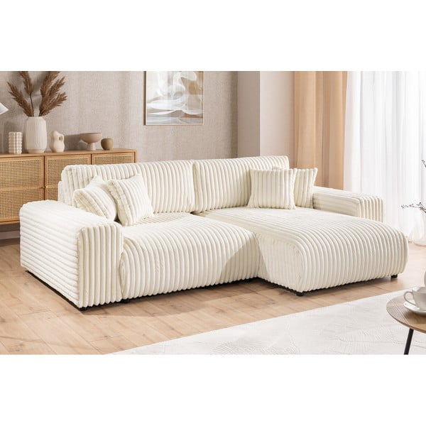 Kreminės spalvos iš kordinio velveto sulankstoma/su sandėliavimo vieta kampinė sofa (su dešiniuoju kampu) Sarina – Ropez-image-4
