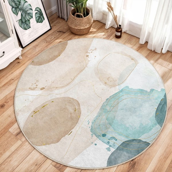 Skalbiamas apvalios formos kilimas mėlynos spalvos/smėlio spalvos ø 150 cm Puddle – Mila Home-image-1