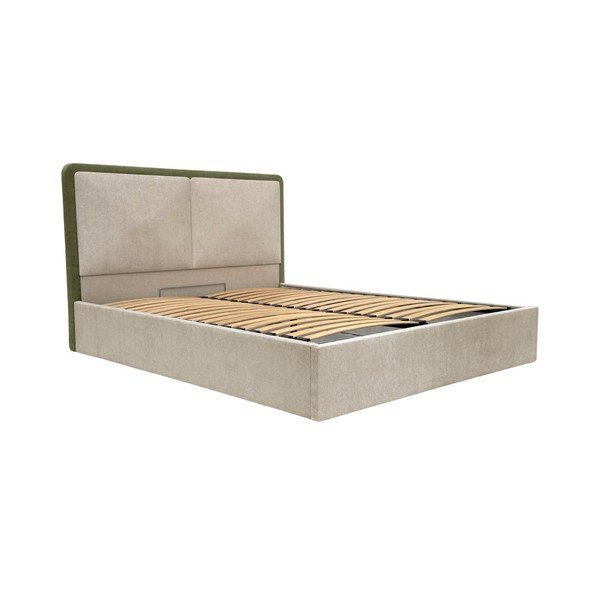 Žalios spalvos/smėlio spalvos iš audinio dvigulė lova su sandėliavimo vieta su lovos grotelėmis 180x200 cm Mara – Bobochic Paris