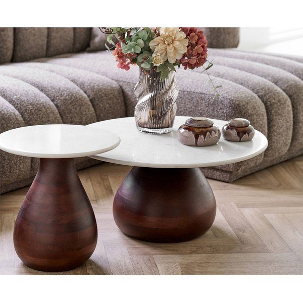 Baltos spalvos/tamsios natūralios spalvos su marmuriniu stalviršiu apvalios formos kavos staliukas ø 70 cm Heide – House Nordic-image-1