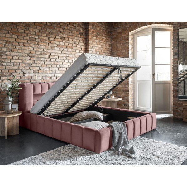 Rožinės spalvos dvigulė lova dengta audiniu su sandėliavimo vieta su lovos grotelėmis 160x200 cm Lamica – ELTAP-image-4