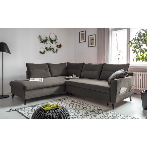 Tamsiai pilka aksominė kampinė sofa-lova Miuform Stylish Stan L, kairysis kampas-image-3
