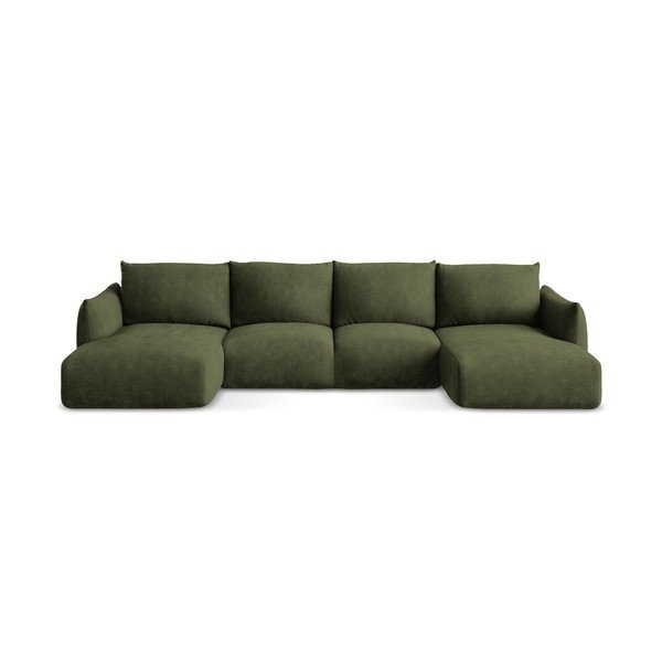 Žalios spalvos iš šenilinio audinio sulankstoma kampinė sofa („U“ formos) Leila – Makamii