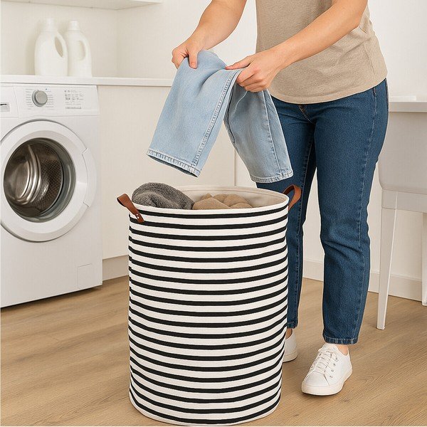 Juodos ir baltos spalvos iš tekstilės skalbinių krepšys 54 l Stripe – Premier Housewares-image-3
