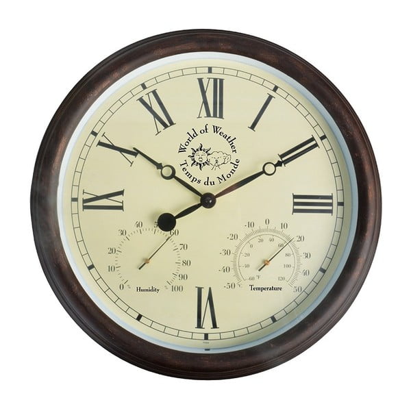 Lauko sieninis laikrodis su romėniškais skaitmenimis ir termometru Esschert Design