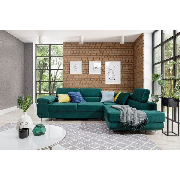 Žalios spalvos iš velveto sulankstoma/su sandėliavimo vieta kampinė sofa (su dešiniuoju kampu/„L“ formos) Anton – ELTAP-image-1