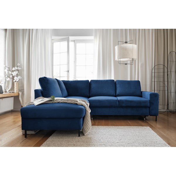 Iš kordinio velveto sulankstoma kampinė sofa tamsiai mėlynos spalvos (su kairiuoju kampu) Lofty Lilly – Miuform-image-4