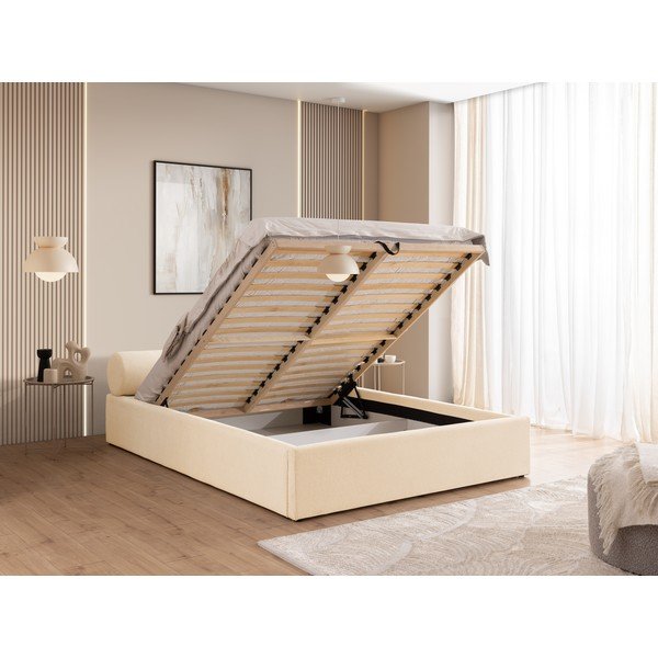 Kreminės spalvos dvigulė lova audiniu dengta su sandėliavimo vieta su lovos grotelėmis 200x200 cm Cille – Ropez-image-4