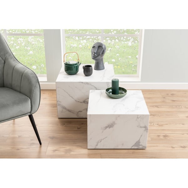 Kavos staliukai baltos spalvos 2 vnt. su marmuro dekoru 58x58 cm Dice – Actona-image-3
