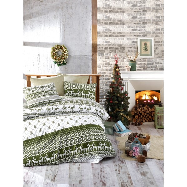 Viengulės lovos patalynė su paklode iš ranforce medvilnės Nazenin Home Žiemos žalia, 140 x 200 cm