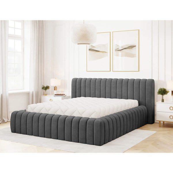 Tamsiai pilkos spalvos dvigulė lova dengta audiniu su sandėliavimo vieta su lovos grotelėmis 160x200 cm Carilla – ELTAP-image-2