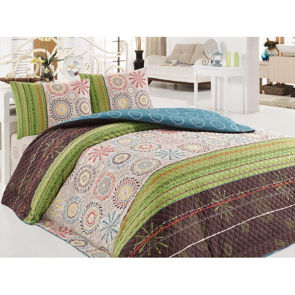 Dygsniuotas lovos užvalkalas ir 2 pagalvių užvalkalų rinkinys Eponj Home Aries Green, 200 x 220 cm