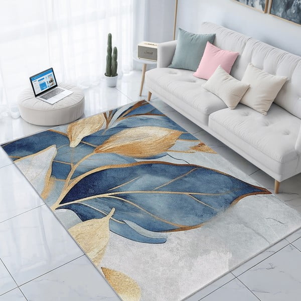 Skalbiamas kilimas mėlynos spalvos/auksinės spalvos 120x180 cm Golden Leaves – Mila Home-image-1