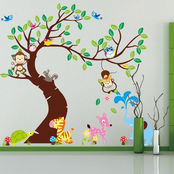 Sienų lipdukų rinkinys Ambiance Tree, Monkeys and Elephant-image-1