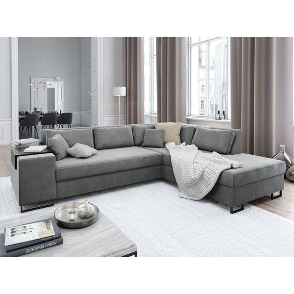 Šviesiai pilka aksominė kampinė sofa-lova Cosmopolitan Design York, kampas dešinėje-image-1