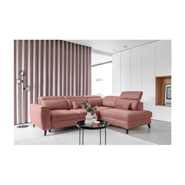Rožinės spalvos iš velveto sulankstoma/su sandėliavimo vieta kampinė sofa (su dešiniuoju kampu/„L“ formos) Noble – ELTAP-image-1