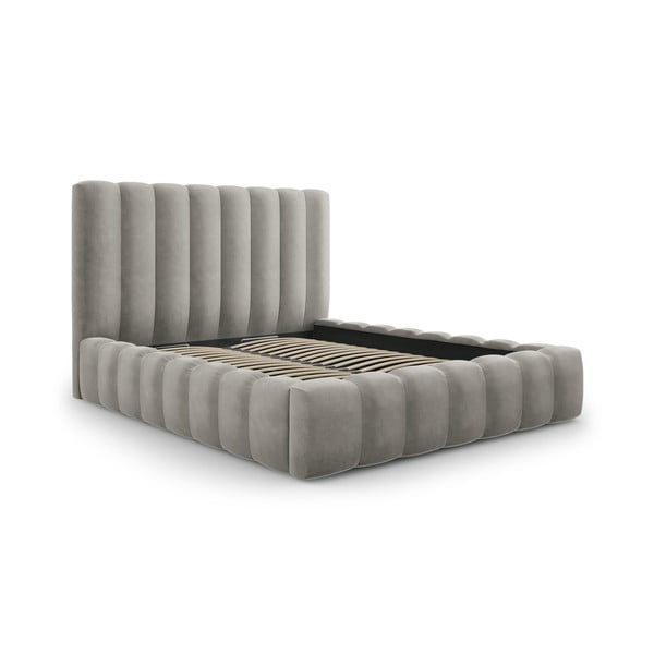 Šviesiai pilka minkšta dvigulė lova su daiktadėže ir tinkleliu 200x200 cm Kelp - Micadoni Home