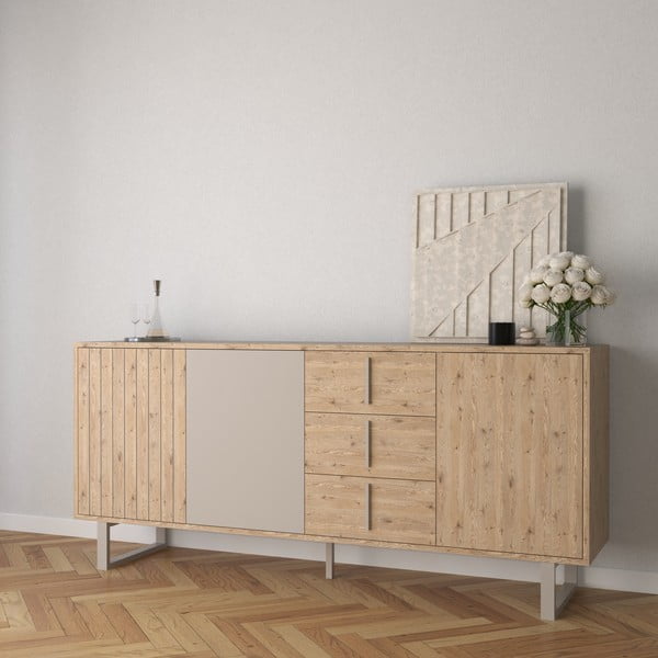 Žema šoninė spintelė pilkos spalvos/natūralios spalvos iš ąžuolo 180x80 cm Millay – Marckeric-image-1