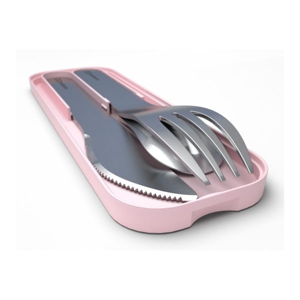 Kišeniniai stalo įrankiai ant rožinio padėkliuko "Monbento" pietų dėžutei