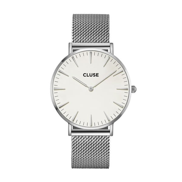 Cluse La Bohéme moteriškas sidabrinis nerūdijančio plieno laikrodis su baltu ciferblatu