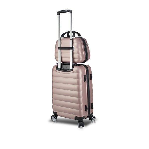 Rožinio kelioninio lagamino rinkinys ant ratukų su USB jungtimi ir lagaminu My Valice RESSNO MU & M