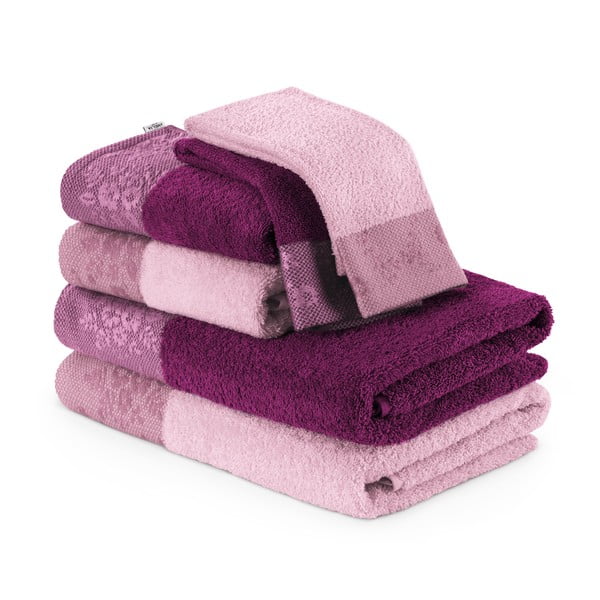 6 rožinių "AmeliaHome" rankšluosčių ir vonios rankšluosčių rinkinys