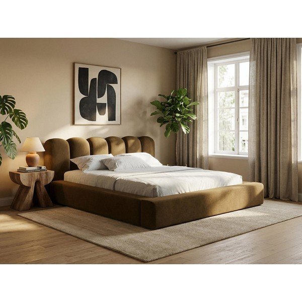 Smėlio spalvos dvigulė lova audiniu dengta su sandėliavimo vieta su lovos grotelėmis 140x200 cm Mano – Makamii-image-1