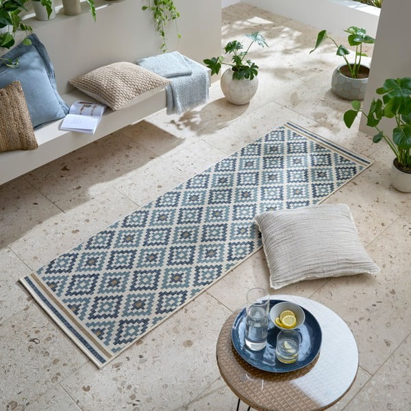Geltonos spalvos/mėlynos spalvos lauko ir vidaus kilimas 80x230 cm Zia Trellis – Flair Rugs-image-1