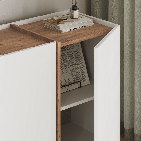 Baltos spalvos šoninė spintelė iš pušies su anga laidams 180x80x45 cm Dorma – Kalune Design-image-4