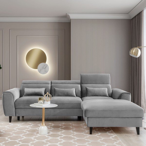 Pilkos spalvos iš velveto sulankstoma/su sandėliavimo vieta kampinė sofa (su dešiniuoju kampu/su gultu) Foble – ELTAP-image-1
