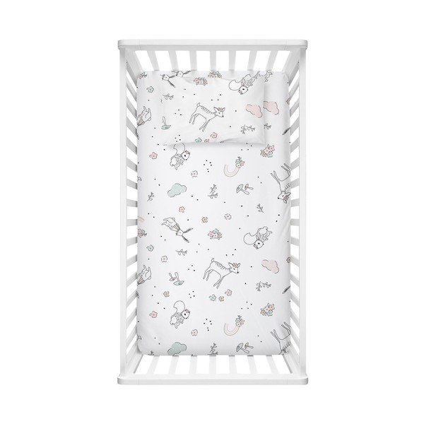 Baltos spalvos iš ranforce medvilnės vaikų patalynė vaikiškai lovai su guma 70x120 cm Flowers – Mijolnir