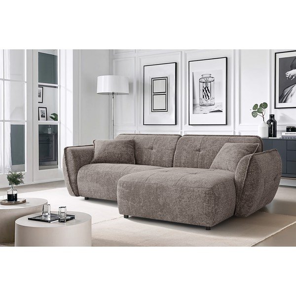 Taupe spalvos kampinė sofa iš šenilinio audinio (su dešiniuoju kampu/su gultu) Nelia – Ropez-image-1