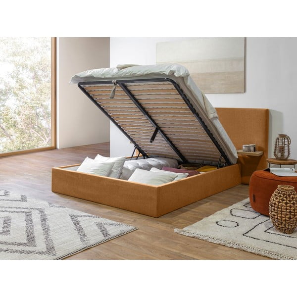 Dvigulė lova ochros spalvos audiniu dengta su sandėliavimo vieta su lovos grotelėmis 160x200 cm Blandine – Bobochic Paris-image-3