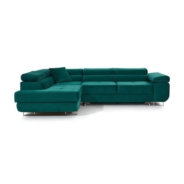 Žalios spalvos iš velveto sulankstoma/su sandėliavimo vieta kampinė sofa (su kairiuoju kampu/„L“ formos) Anton – ELTAP