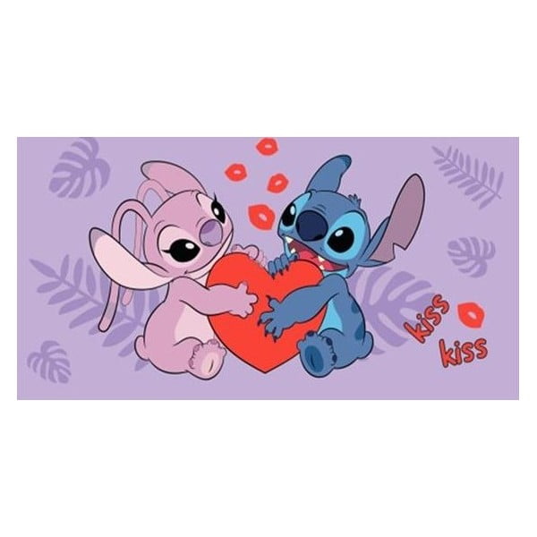 Violetinės spalvos iš medvilnės vaikiškas rankšluostis 70x140 cm Lilo and Stitch "Kiss" – Jerry Fabrics