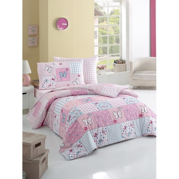 Rožinė patalynė su paklode viengulėlei lovai Butterfly, 160 x 220 cm