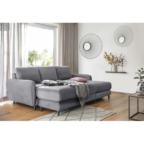 Šviesiai pilkos spalvos aksominė kampinė sofa su pakoja Miuform Cozy Claire, dešinysis kampas-image-1