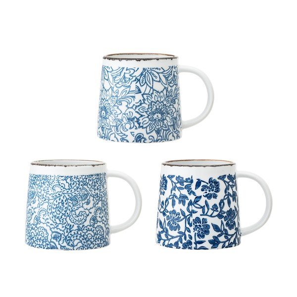 Baltos spalvos/mėlynos spalvos iš molio puodeliai 3 vnt. Molly – Bloomingville