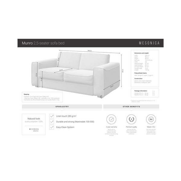 Kreminės spalvos sofa-lova MESONICA Munro, 204 cm-image-4