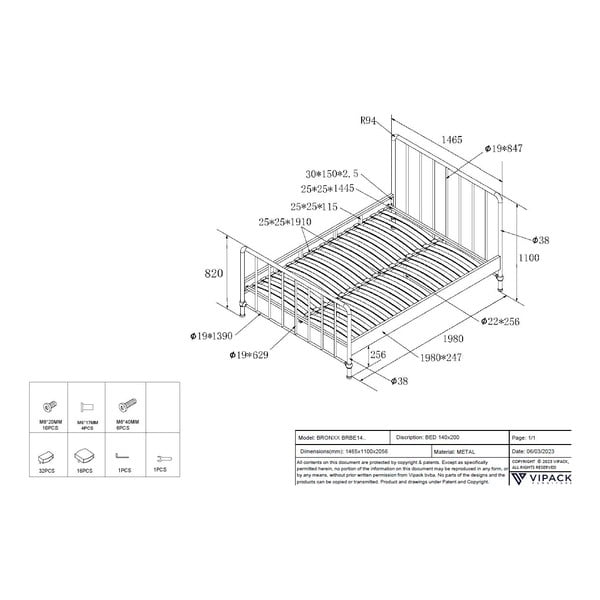 Iš metalo dvigulė lova mėlynos spalvos su lovos grotelėmis 140x200 cm BRONXX – Vipack-image-4