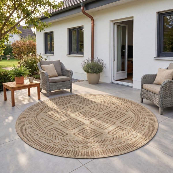 Smėlio spalvos apvalios formos lauko ir vidaus kilimas ø 160 cm Mira 1452 – Ayyildiz Carpets-image-1