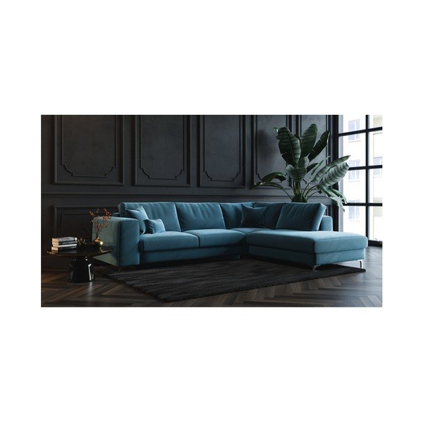 Tamsiai mėlyna aksominė kampinė sofa-lova Devichy Rothe, dešinysis kampas-image-4