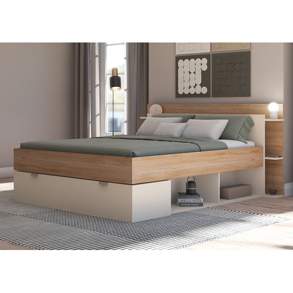 Dvigulė lova baltos spalvos/natūralios spalvos iš ąžuolo su sandėliavimo vieta be grotelių 140x190 cm Albo – Marckeric-image-2