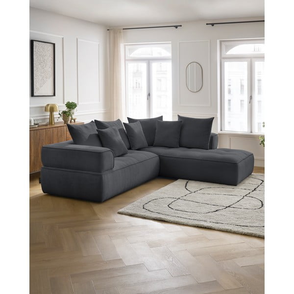 Tamsiai pilkos spalvos iš šenilinio audinio kampinė sofa (su dešiniuoju kampu/„L“ formos) Whesley – Bobochic Paris-image-1