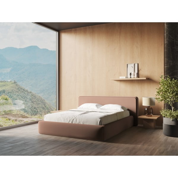 Šviesiai rožinės spalvos dvigulė lova audiniu dengta su sandėliavimo vieta su lovos grotelėmis 140x200 cm Kiana – Makamii-image-1