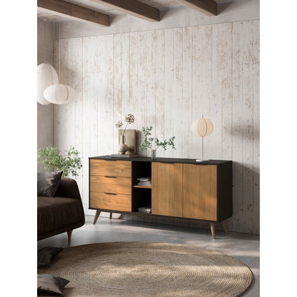 Juoda/natūrali žema pušies komoda 165x80 cm Lavis - Marckeric-image-1