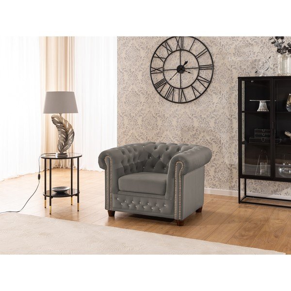 Pilkos spalvos Chesterfield krėslas iš velveto York Blik – Ropez-image-1