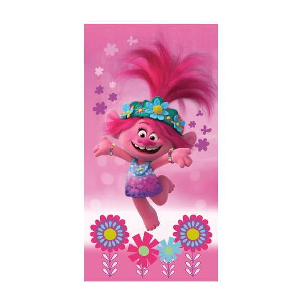 Vaikiškas rankšluostis rožinės spalvos iš medvilnės 70x140 cm Trolls – Jerry Fabrics