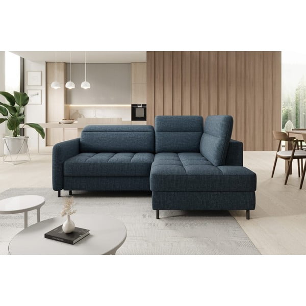 Mėlynos spalvos iš velveto sulankstoma/su sandėliavimo vieta kampinė sofa (su dešiniuoju kampu/„L“ formos) Barea – ELTAP-image-1