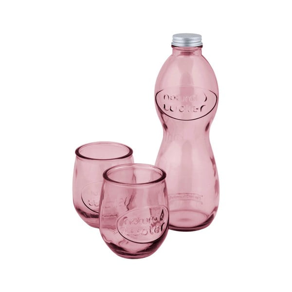 Rožinės spalvos vandens buteliuko ir 2 stiklinių iš perdirbto stiklo rinkinys Ego Dekor Water